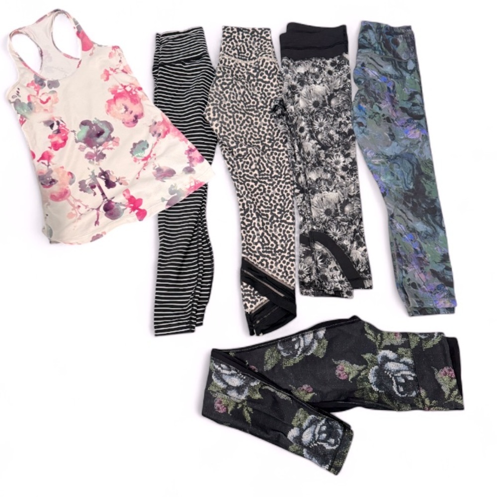 Lululemon 6 Piece Bundle of Patterned Full/ Capri LeggingsSet and Top- Size 6